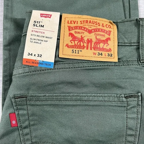 Levi's 511 Slim Fit All Seasons Tech Men's 34x32 Stretch Green Pants New - Picture 2 of 8